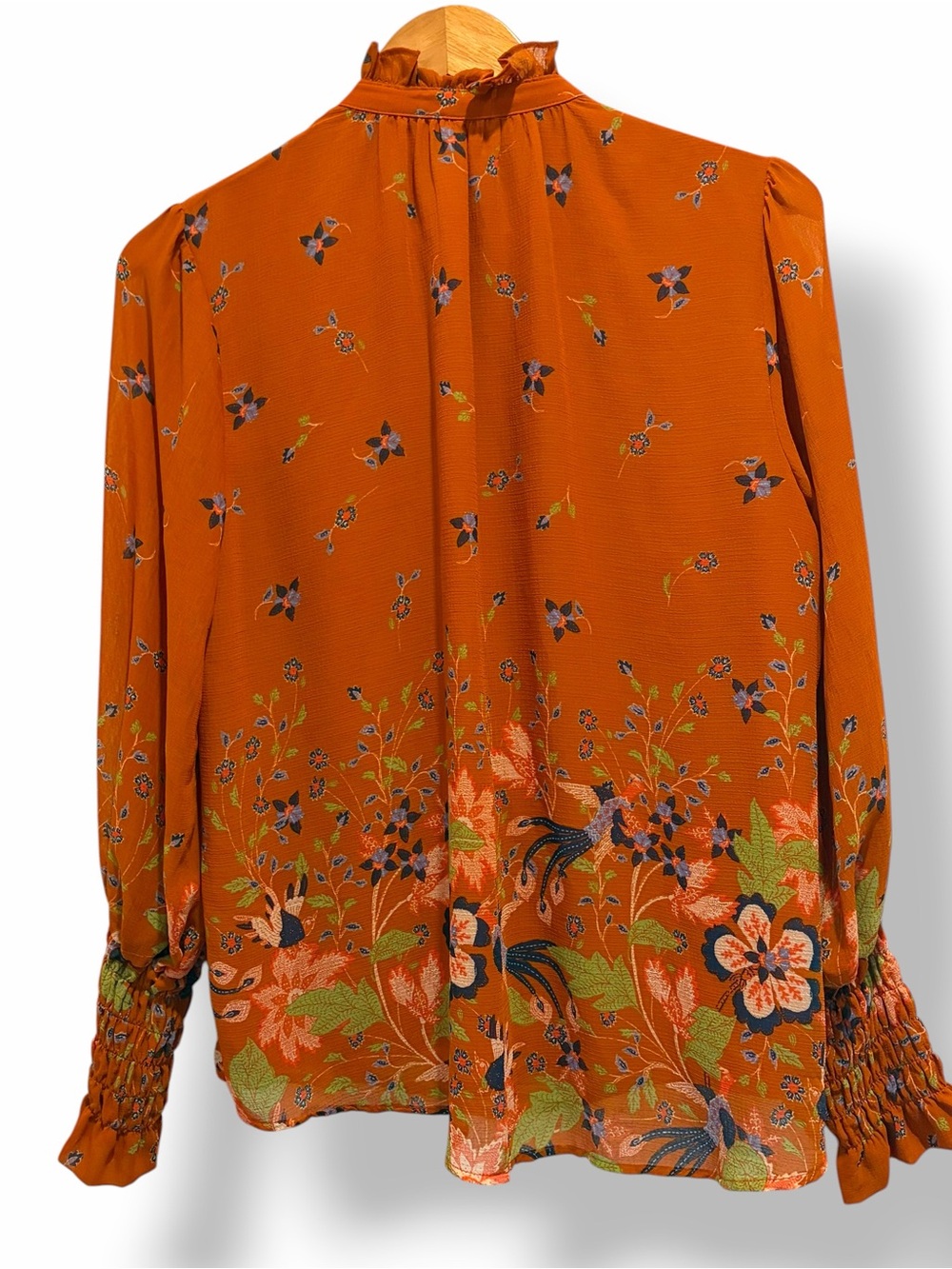 Anthropologie Maeve Orange Floral Boho Smocked Sleeve Blouse Top Size Medium - Picture 6 of 15